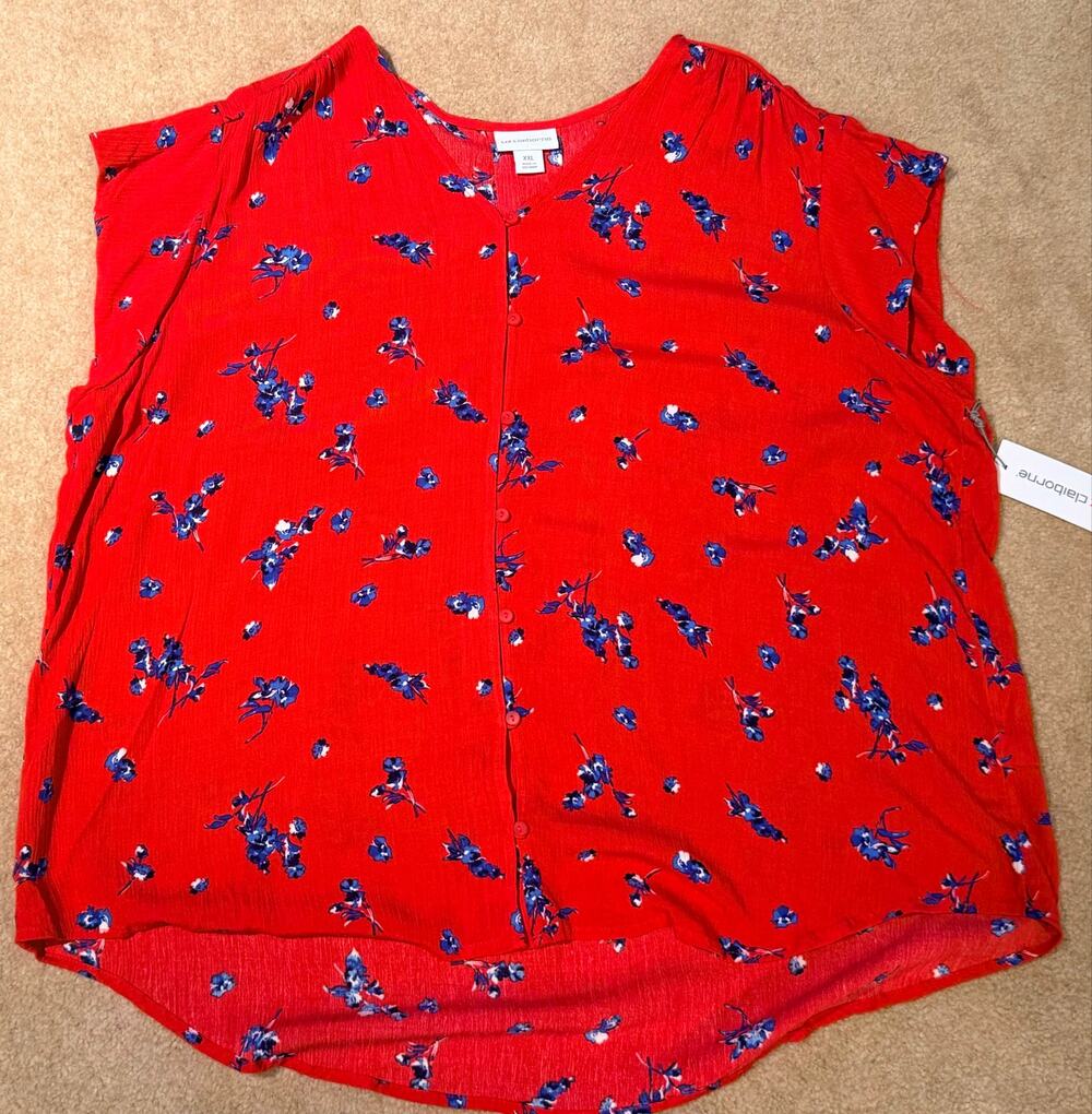 Liz Claiborne NWT Red Floral Button Front Blouse Short Sleeve Top Size XXL